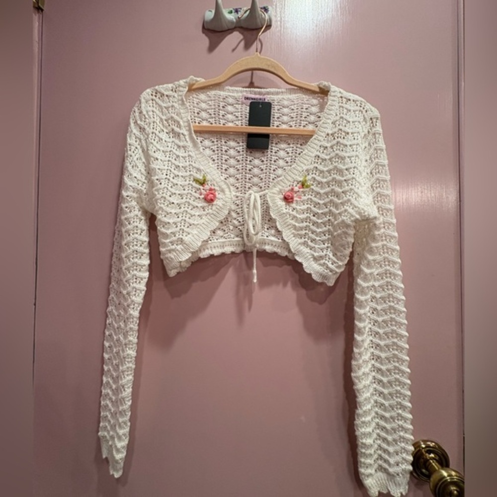 🌸Ivory or Pink Knit Crochet Coverup Cardigan Embroidered Florals Tie Closure